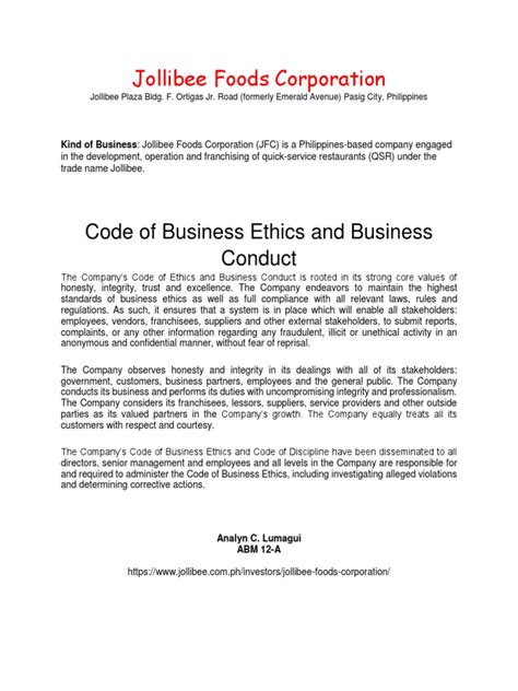 code of ethics of jollibee|Code of Business Ethics .